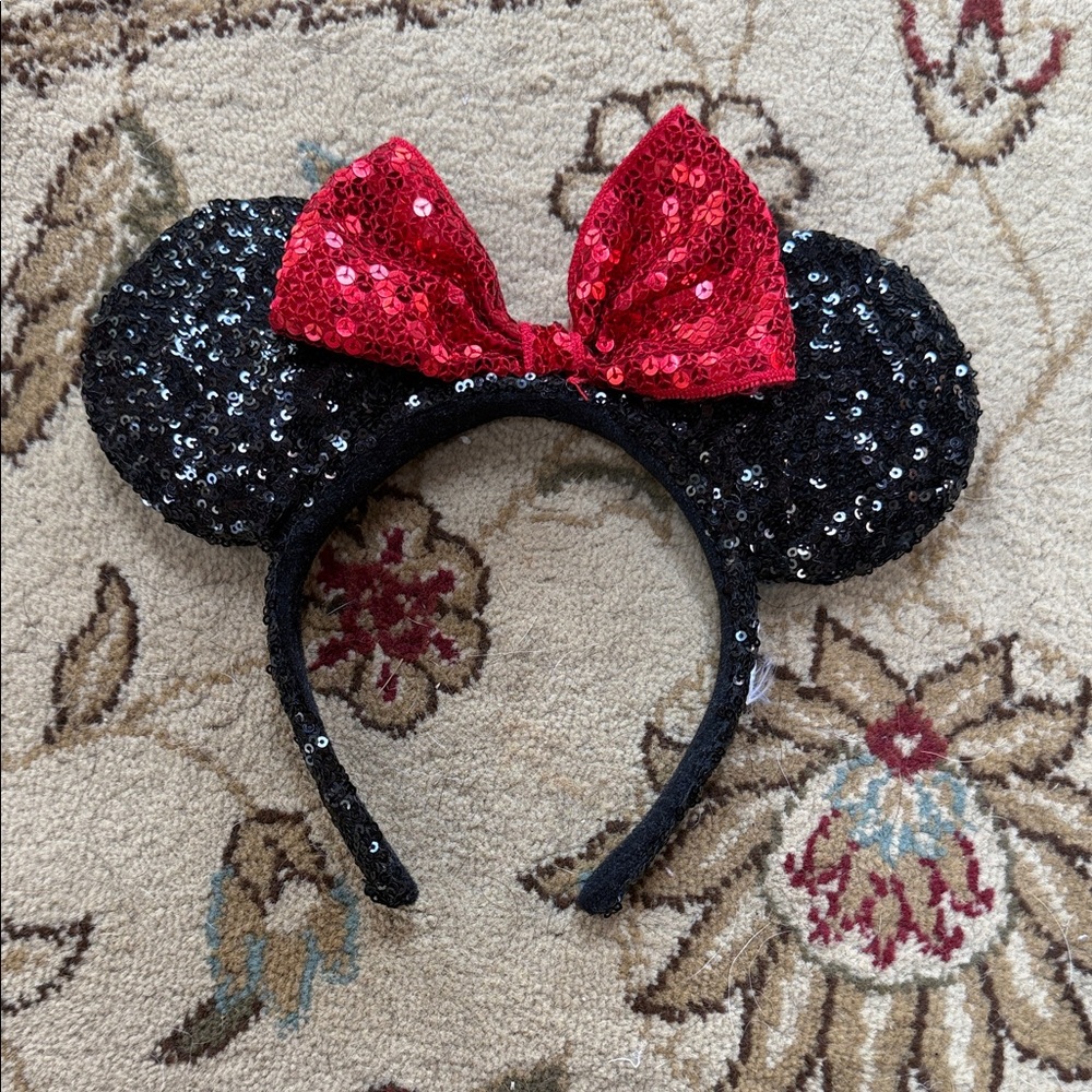 Sequin Minnie Mouse Ears Headband with Red Bow